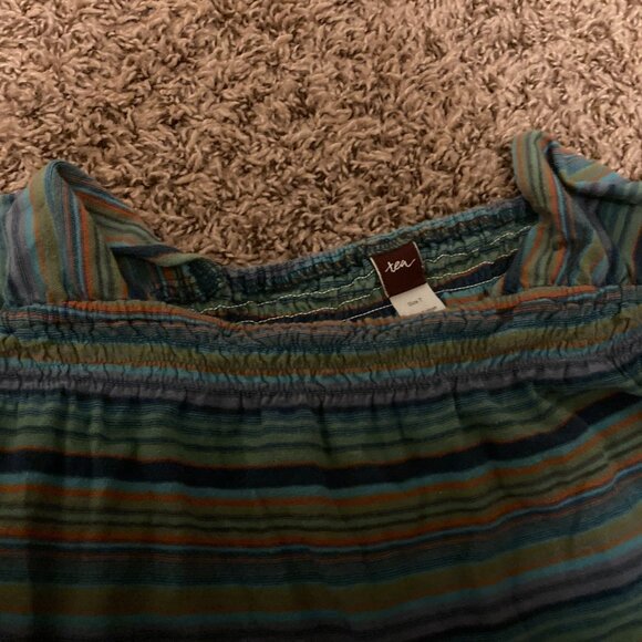 Tea Collection Green Striped Dress 7 Short Sleeve Gathered Neckline 100% Cotton - Picture 2 of 3